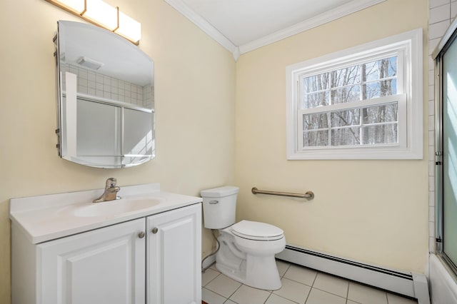 full bathroom featuring toilet, crown molding, tile patterned flooring, a baseboard radiator, and vanity