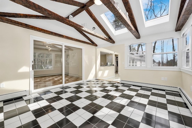 unfurnished sunroom featuring lofted ceiling with skylight and a baseboard heating unit