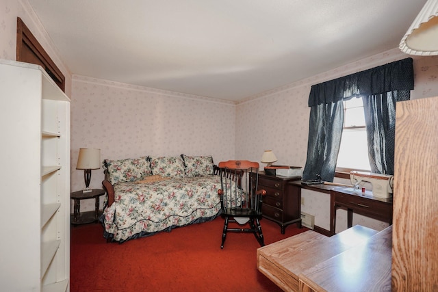 bedroom featuring wallpapered walls and carpet floors