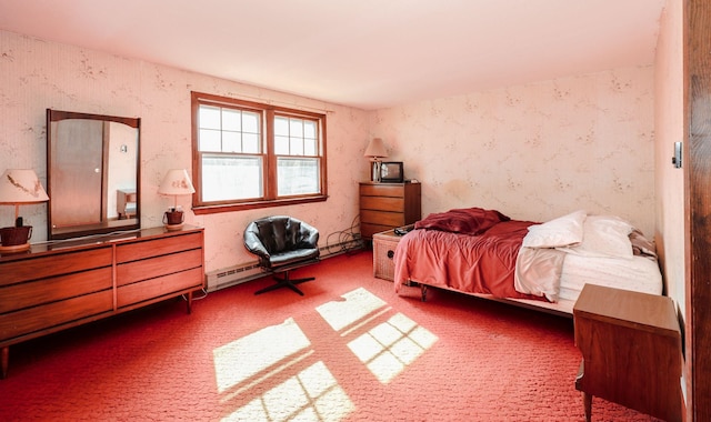 bedroom featuring carpet floors and wallpapered walls