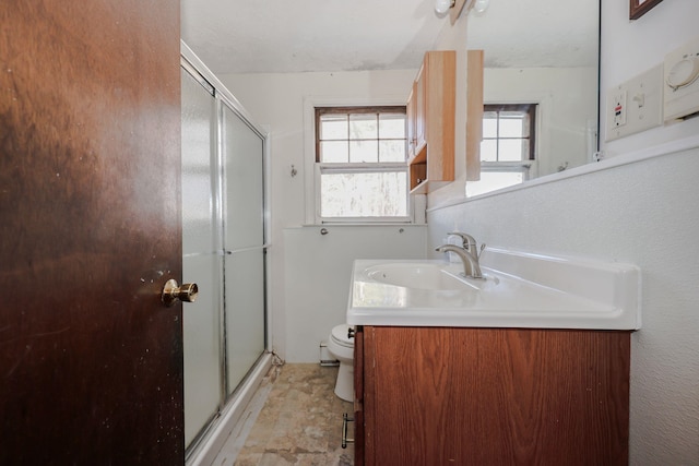 bathroom featuring toilet, a stall shower, and vanity