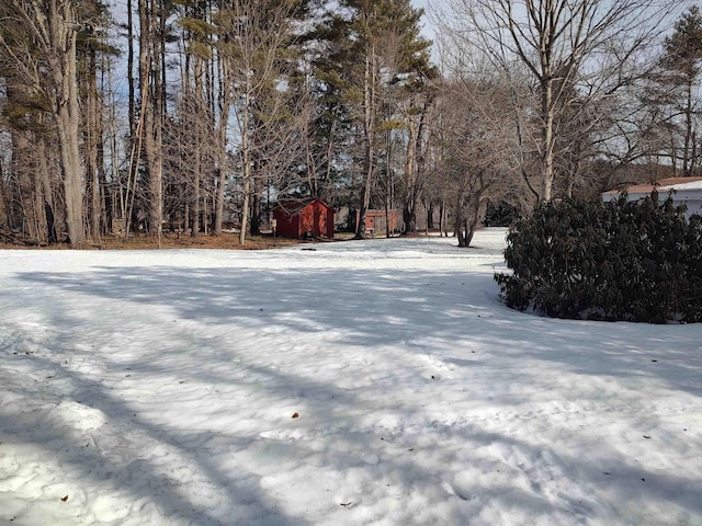 snowy yard featuring an outdoor structure