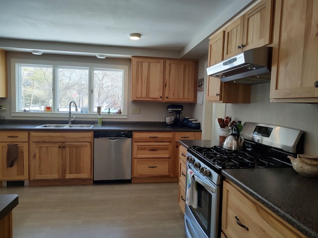 kitchen featuring under cabinet range hood, stainless steel appliances, dark countertops, and a sink