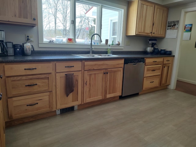 kitchen with dark countertops, a sink, visible vents, and stainless steel dishwasher