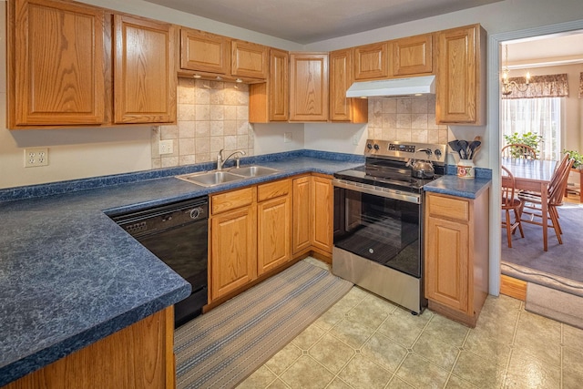 kitchen featuring under cabinet range hood, a sink, dark countertops, stainless steel range with electric cooktop, and dishwasher