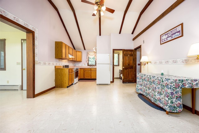 kitchen with a baseboard radiator, beam ceiling, freestanding refrigerator, a sink, and electric stove