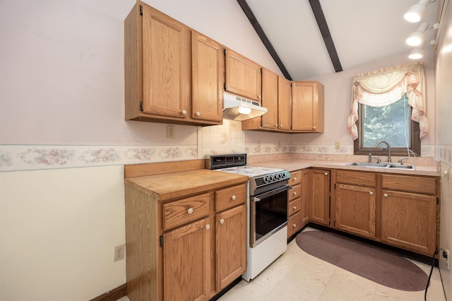 kitchen featuring vaulted ceiling with beams, under cabinet range hood, butcher block counters, white electric range, and a sink