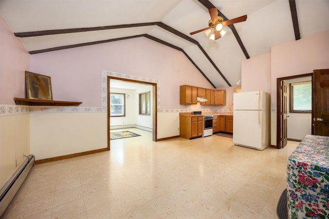 unfurnished living room with a baseboard heating unit, beam ceiling, and light floors