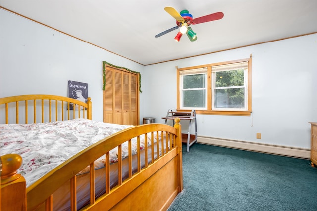 bedroom featuring a closet, baseboard heating, ceiling fan, and carpet