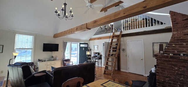 living area with beamed ceiling, high vaulted ceiling, a ceiling fan, wood finished floors, and baseboards