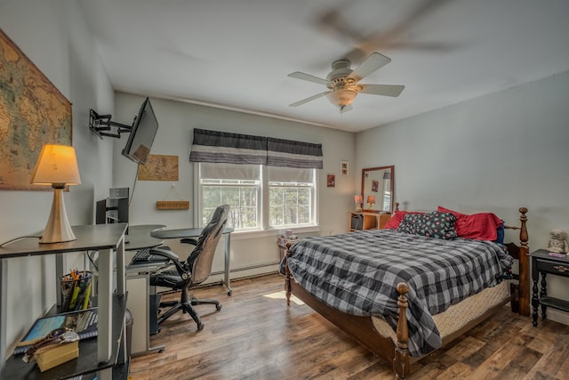 bedroom with ceiling fan and wood finished floors