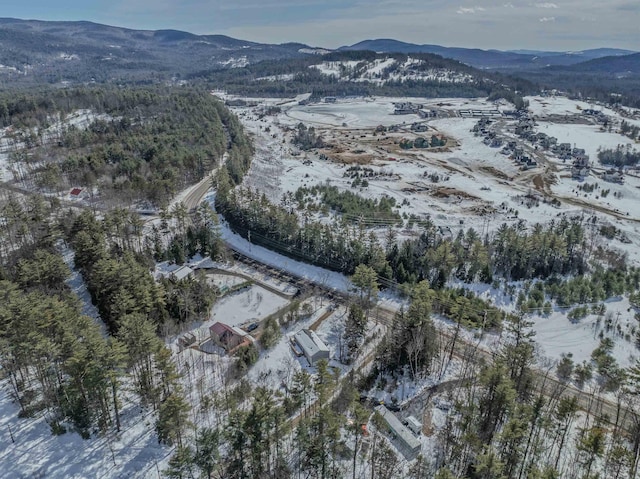 snowy aerial view with a mountain view