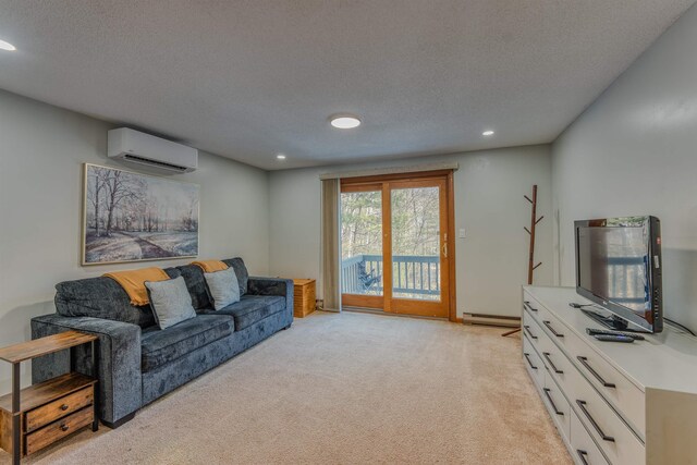 living area with light colored carpet, a textured ceiling, an AC wall unit, and a baseboard heating unit