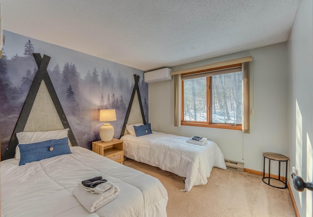 carpeted bedroom with a textured ceiling, baseboards, a baseboard heating unit, and a wall unit AC