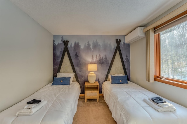 carpeted bedroom with multiple windows, a textured ceiling, and a wall mounted AC