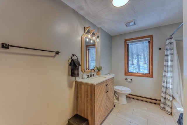 full bath featuring toilet, a baseboard heating unit, a textured ceiling, tile patterned flooring, and vanity