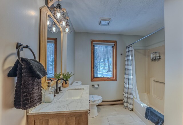 bathroom with toilet, shower / bath combo, a baseboard heating unit, a textured ceiling, and vanity