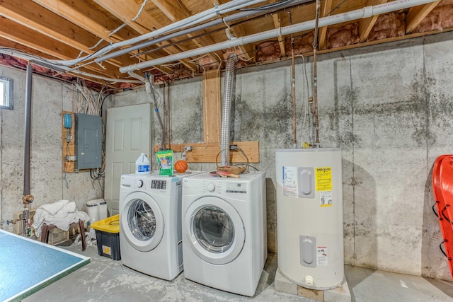 laundry area featuring electric panel, laundry area, independent washer and dryer, and electric water heater