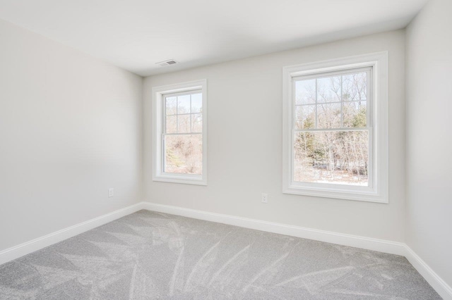 empty room with visible vents, carpet, baseboards, and a wealth of natural light