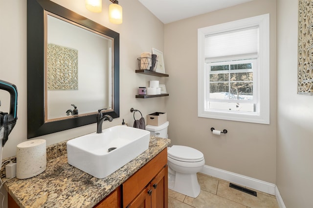 bathroom with tile patterned floors, visible vents, toilet, baseboards, and vanity