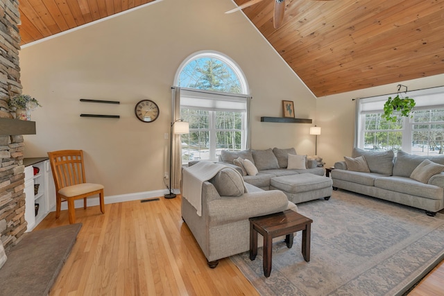 living room featuring high vaulted ceiling, wood ceiling, light wood-type flooring, and a healthy amount of sunlight