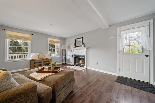 living room featuring dark wood finished floors, a fireplace with flush hearth, and baseboards