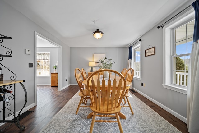 dining room with a healthy amount of sunlight, dark wood-style flooring, and baseboards