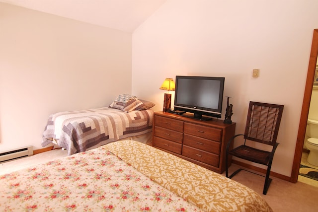 bedroom featuring baseboards, carpet floors, lofted ceiling, and a baseboard radiator