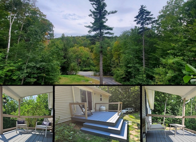 wooden deck with a wooded view