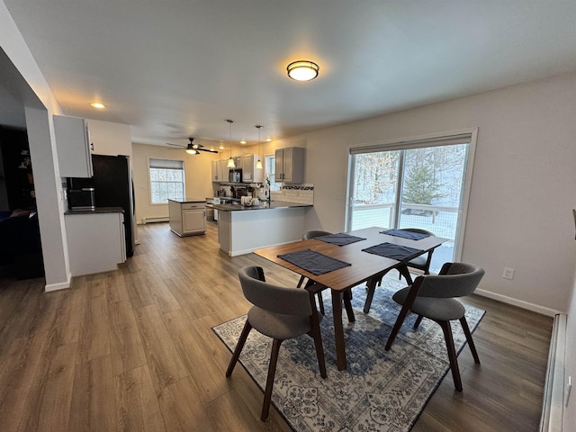 dining room with a baseboard heating unit, baseboards, and wood finished floors