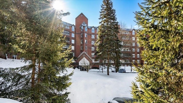 view of snow covered building