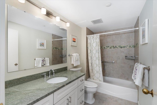 bathroom with tile patterned flooring, visible vents, toilet, shower / bath combo with shower curtain, and vanity