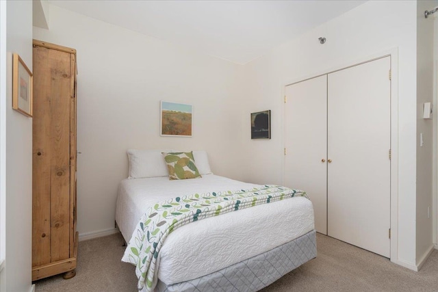 bedroom with a closet and light carpet