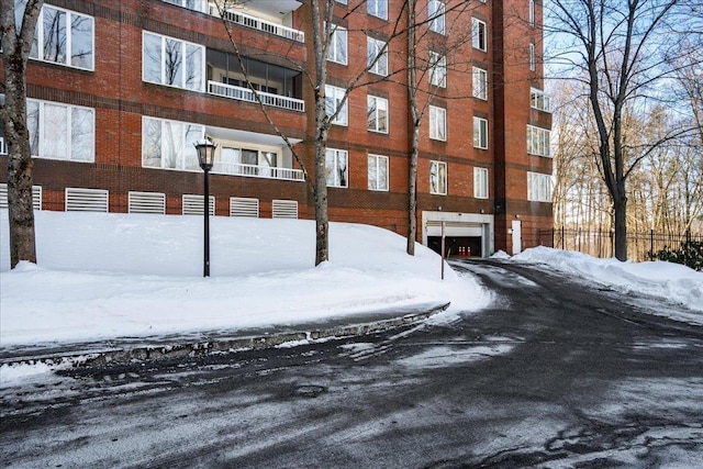 view of snow covered building