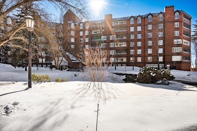 view of snow covered building