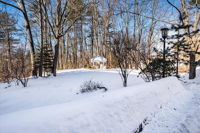 yard covered in snow with a gazebo