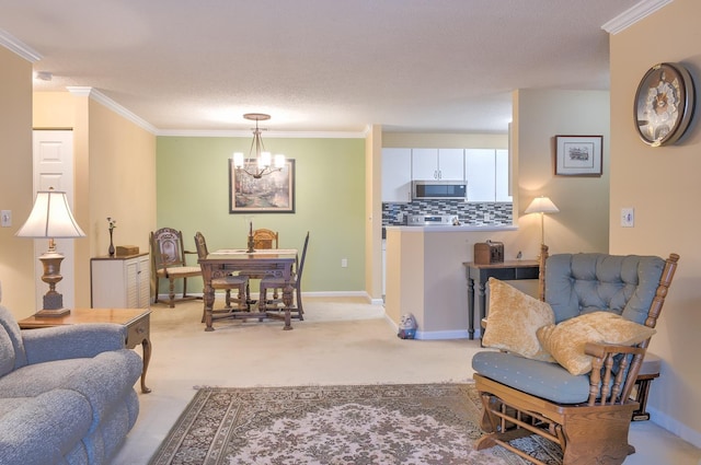 living room with crown molding, baseboards, a chandelier, light carpet, and a textured ceiling