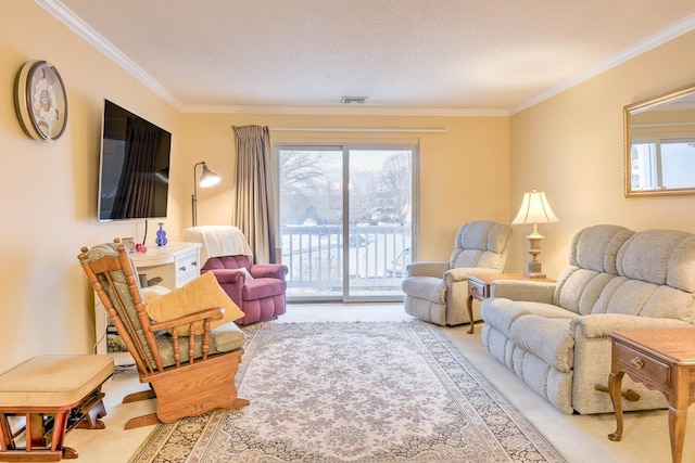 living area with visible vents, light colored carpet, and ornamental molding