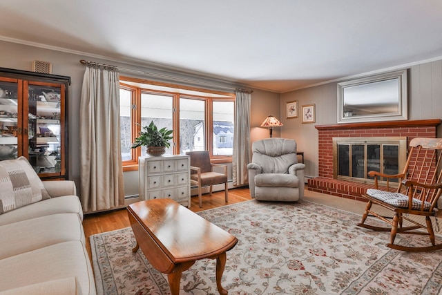 living area with a baseboard radiator, wood finished floors, ornamental molding, and a fireplace