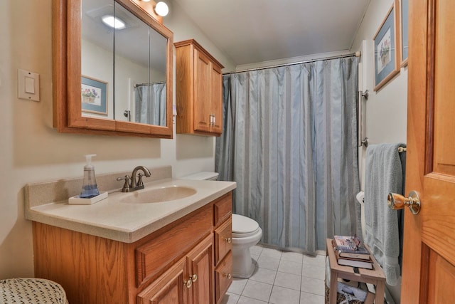 full bath with tile patterned floors, a shower with curtain, toilet, and vanity