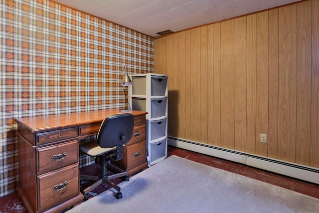 office area featuring wallpapered walls and a baseboard heating unit