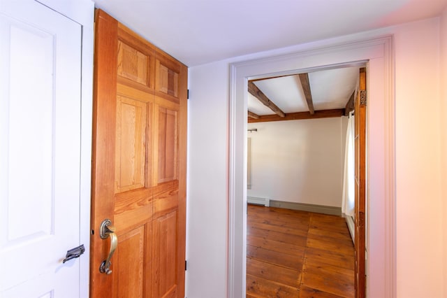 hallway featuring hardwood / wood-style floors, beamed ceiling, baseboards, and a baseboard heating unit