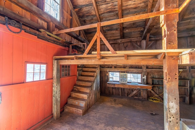 interior space featuring hardwood / wood-style floors, a healthy amount of sunlight, and wood walls