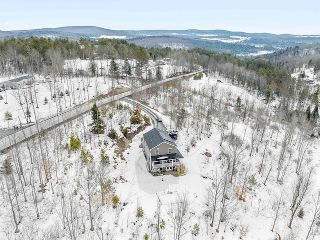 snowy aerial view with a mountain view