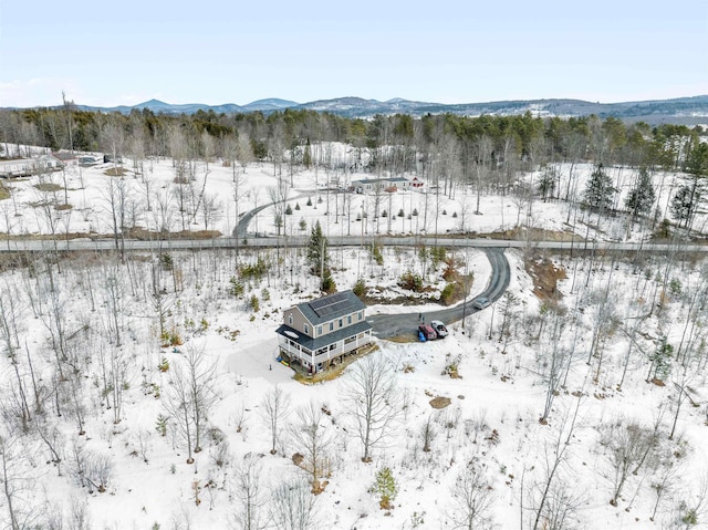 snowy aerial view with a mountain view