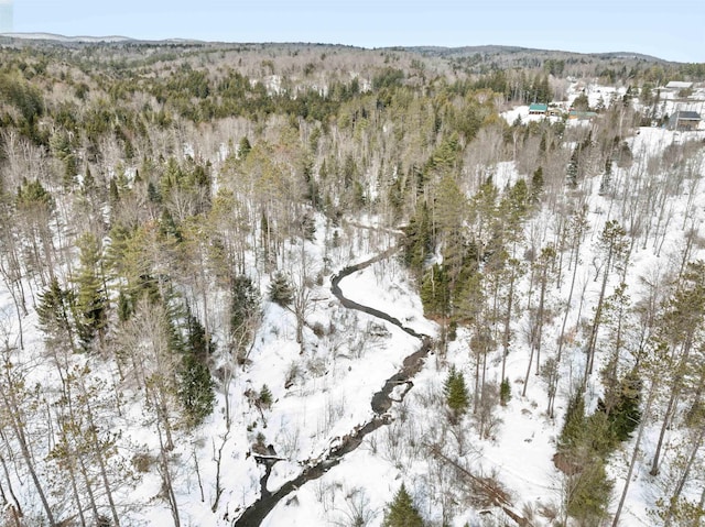 snowy aerial view with a wooded view