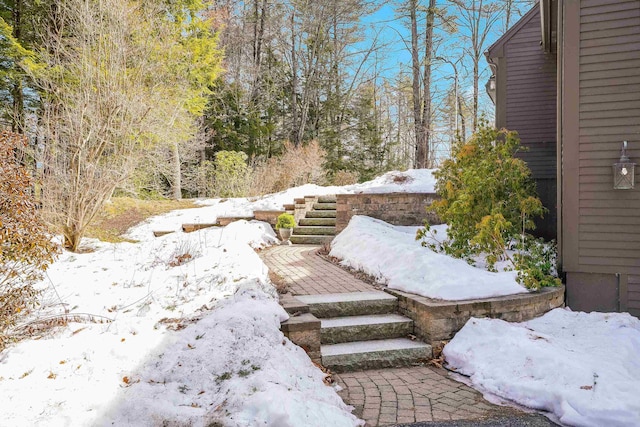 yard layered in snow featuring stairs