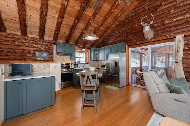 kitchen featuring a sink, appliances with stainless steel finishes, light wood finished floors, wood ceiling, and light countertops