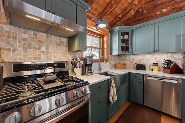 kitchen with under cabinet range hood, a sink, backsplash, stainless steel appliances, and wooden ceiling