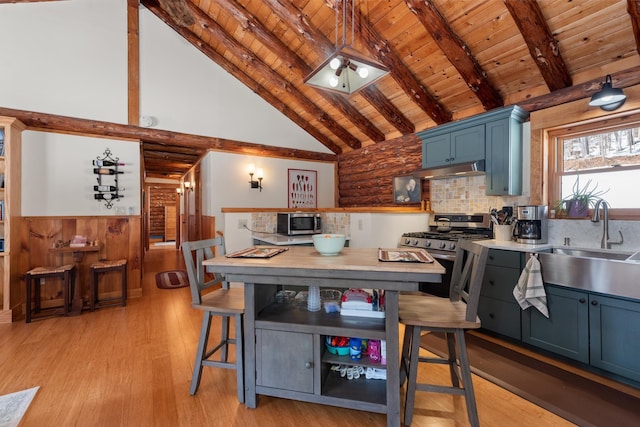 kitchen with a sink, light wood-style floors, appliances with stainless steel finishes, wooden ceiling, and blue cabinets